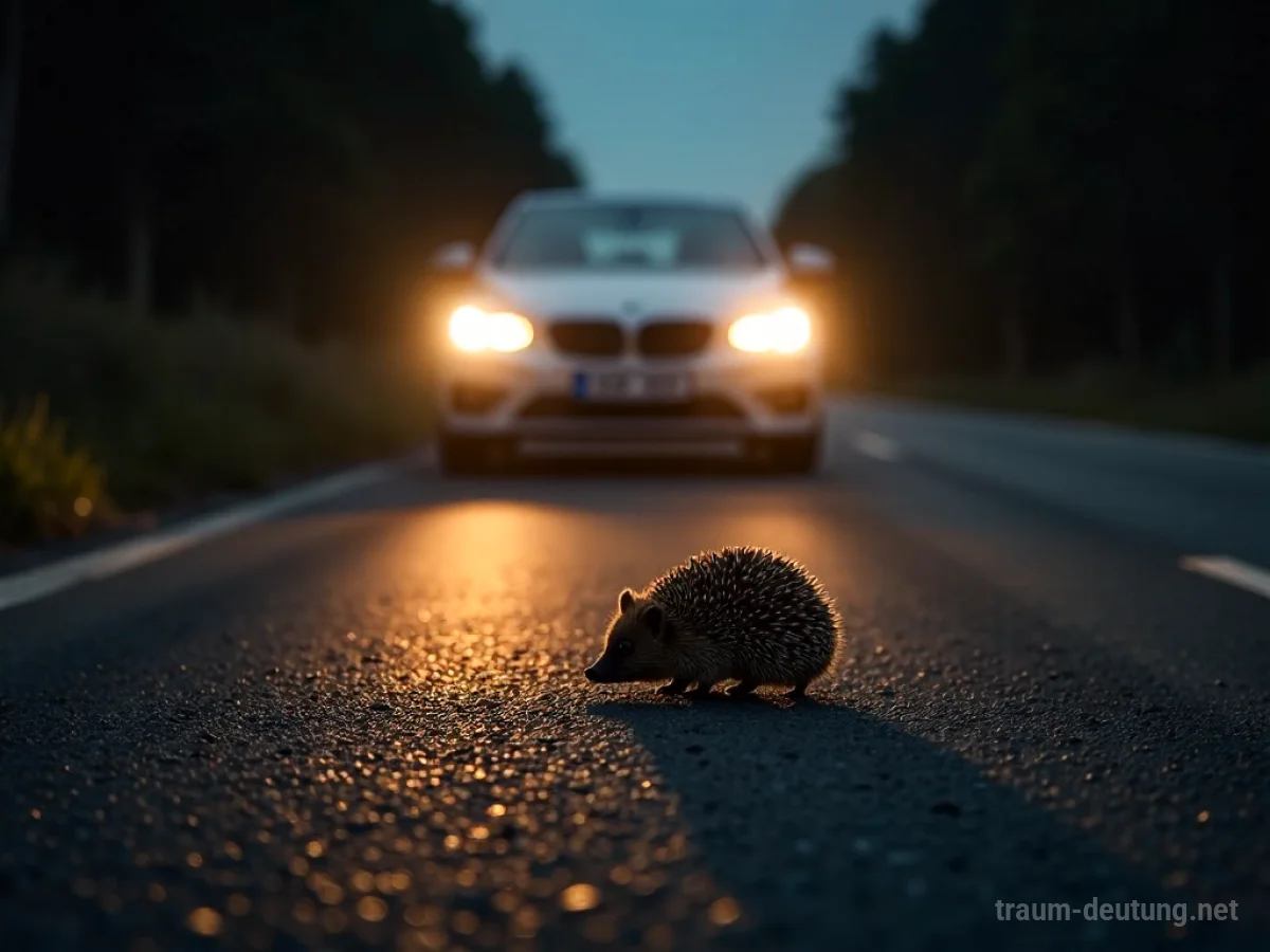 Auto fährt nachts über einen Igel auf der Straße