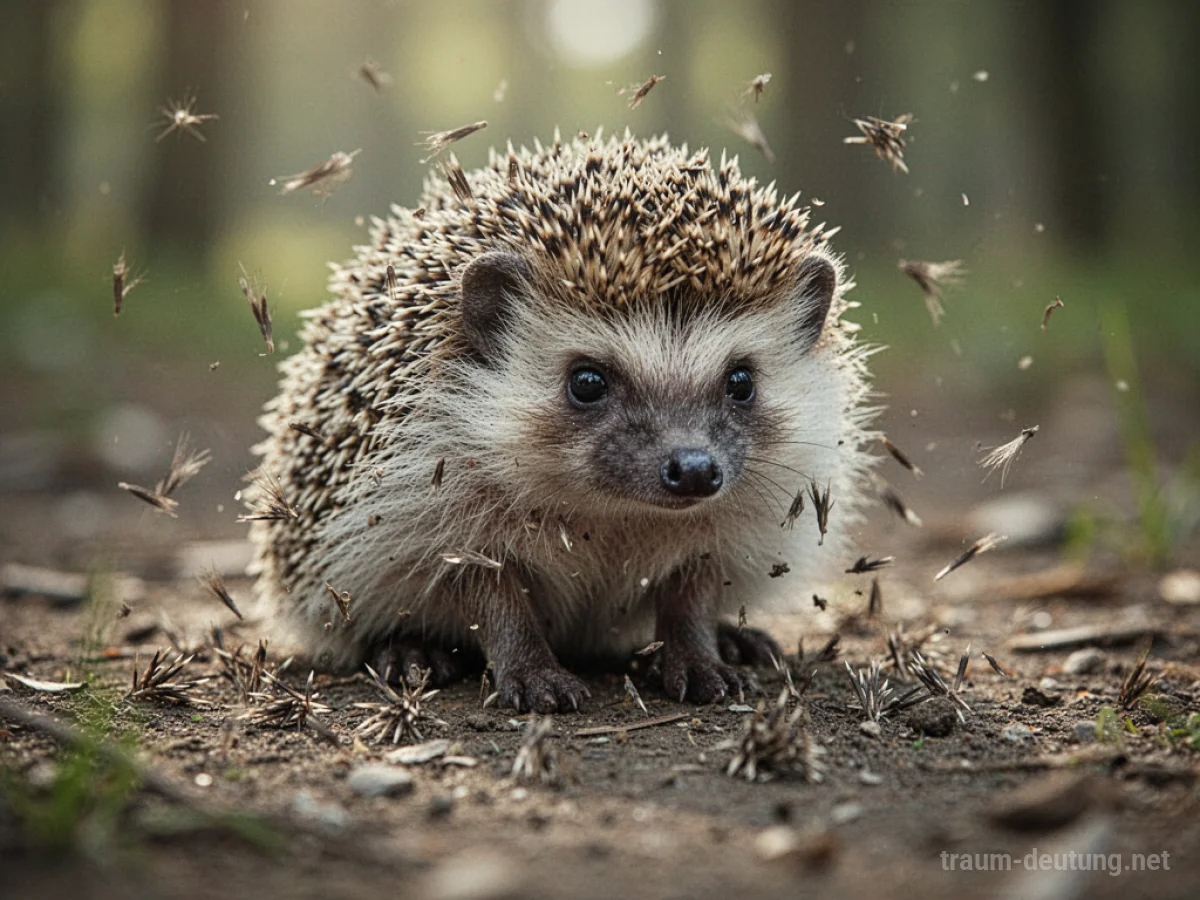 Ein Igel sitzt auf dem Boden, seine Stacheln fallen ab und liegen um ihn herum.