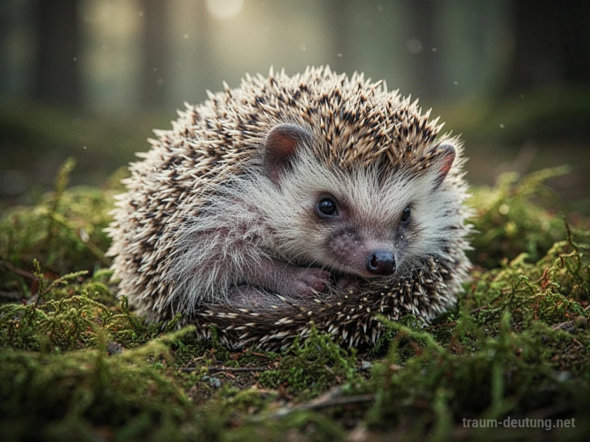 Ein winziges, flauschiges Igelbaby liegt eingerollt in Moos.