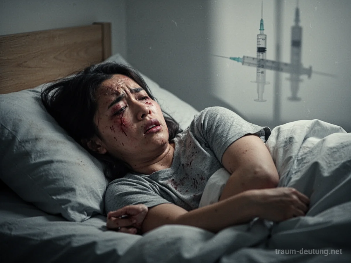 Person liegt krank im Bett, eine Spritze als Schatten im Hintergrund.