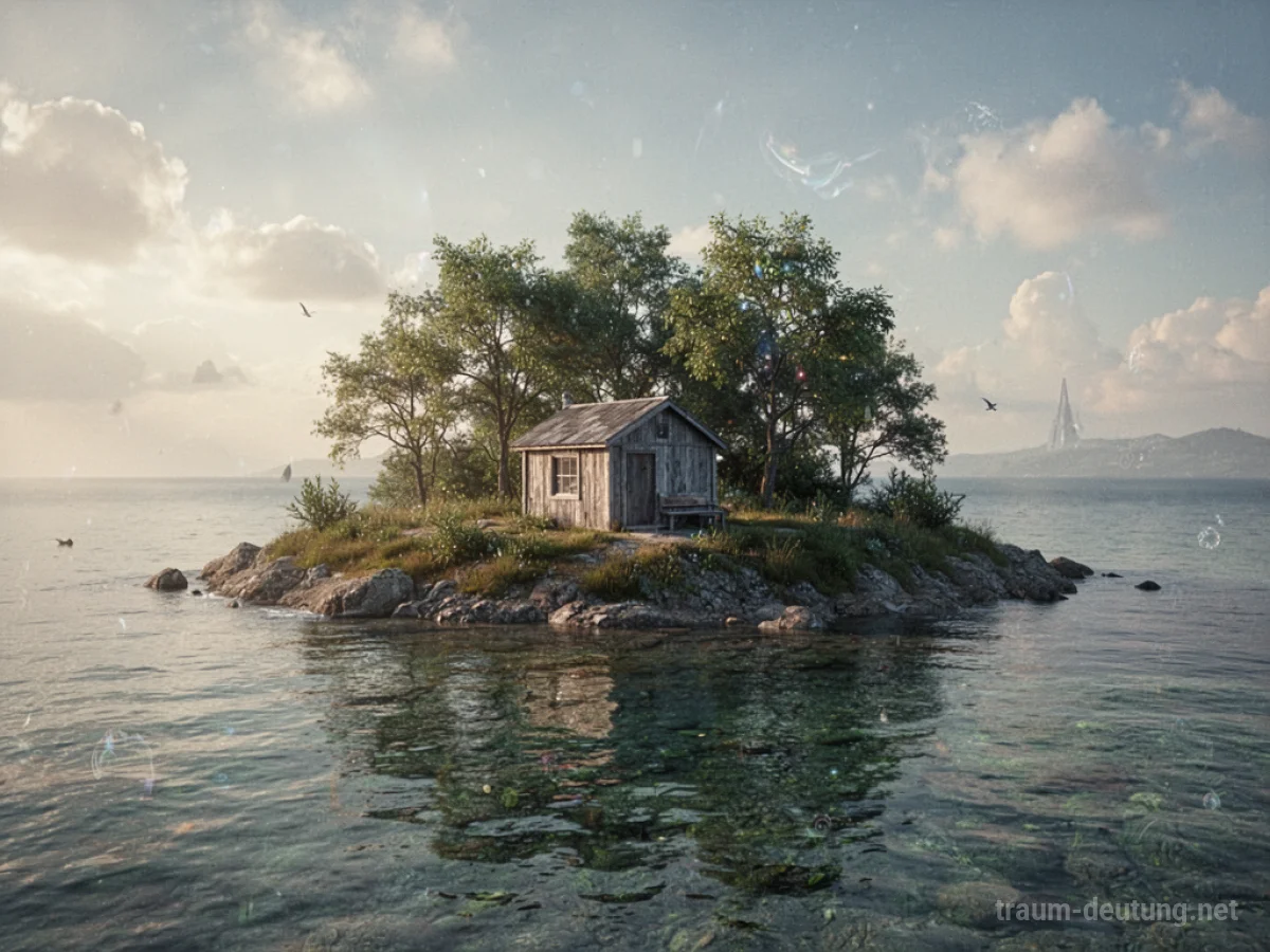Eine einsame Insel mit einem kleinen Schutzhaus, umgeben von ruhigem Wasser.