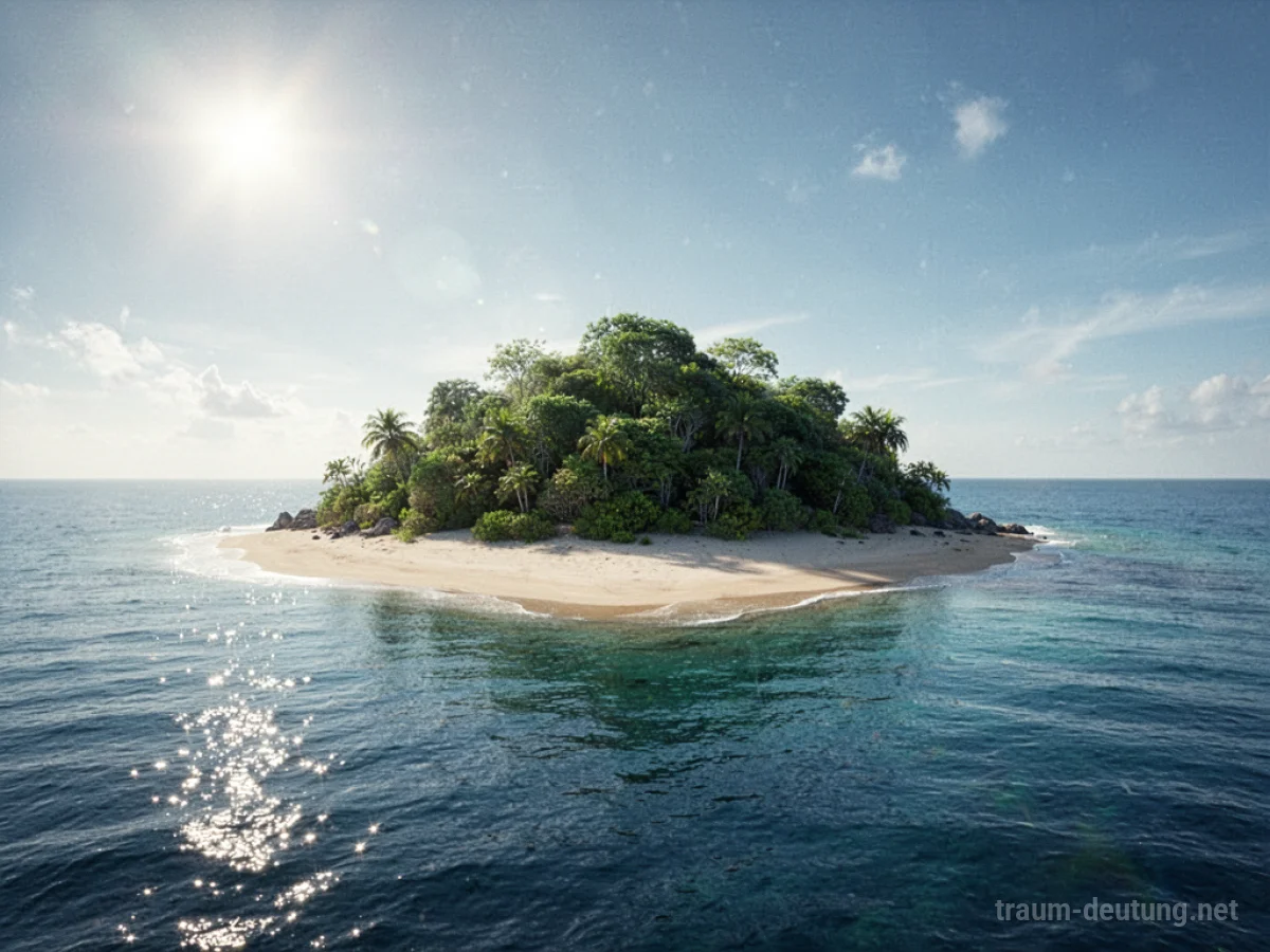 Eine einsame Insel mit Palmen und Sandstrand im blauen Meer.