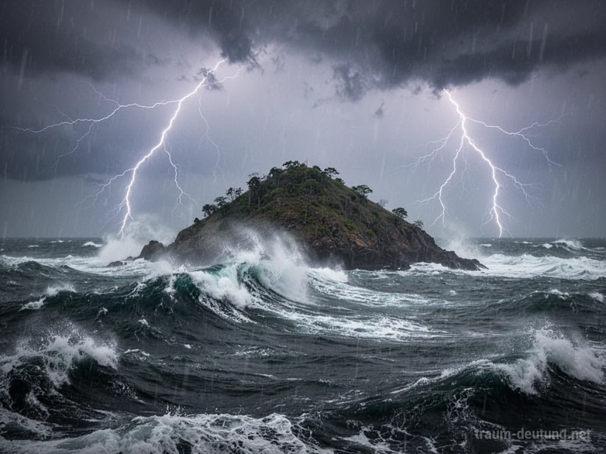 Insel im Sturm, umgeben von hohen Wellen und aufgewühltem Meer.