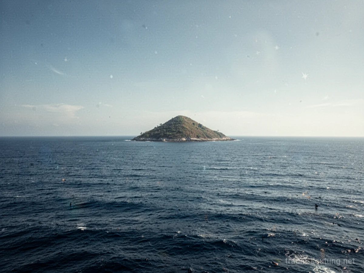Eine kleine Insel am Horizont über dem Meer.