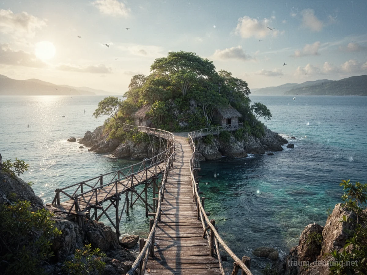 Eine einsame Insel mit einer Holzbrücke, die zum Festland führt.