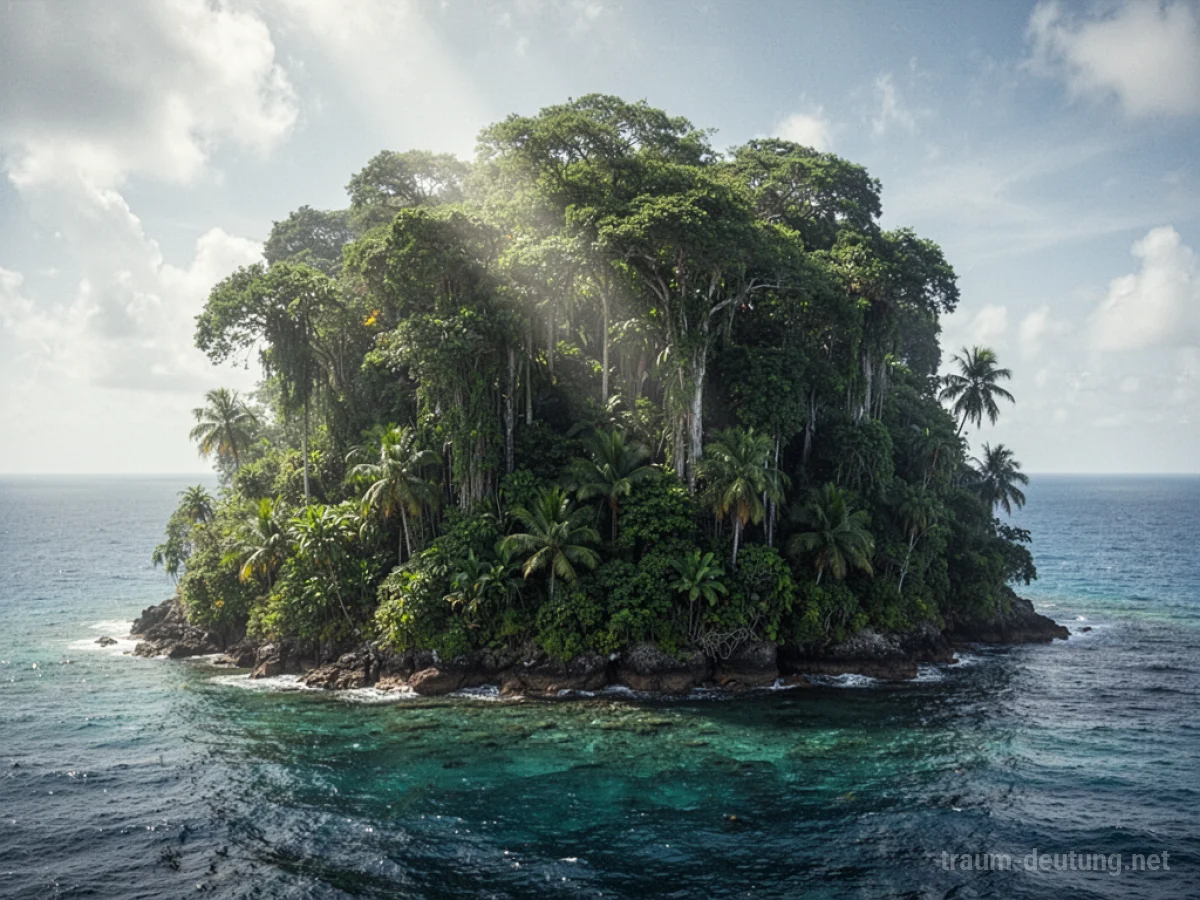 Dichte Dschungel-Insel im Meer, Sonnenstrahlen dringen durch das Blätterdach.