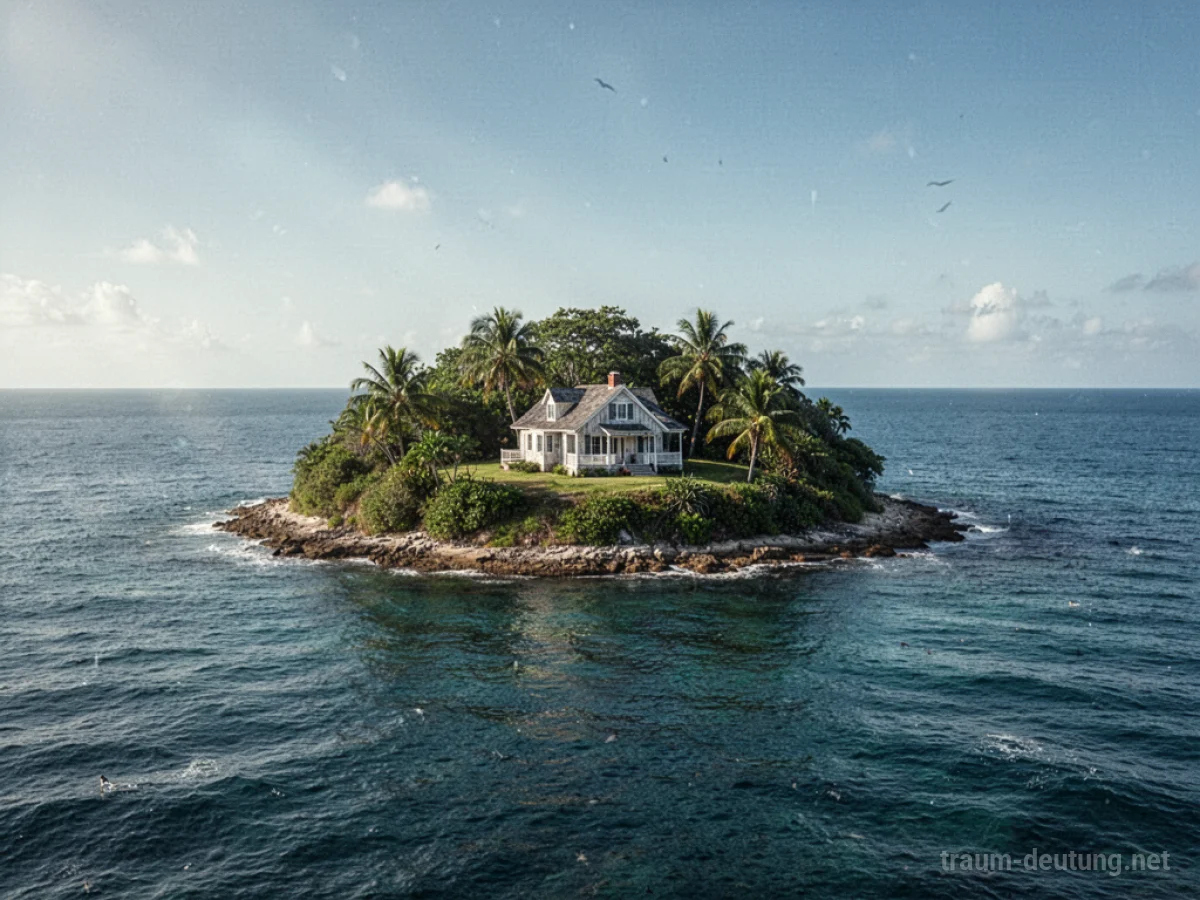 Ein Haus auf einer einsamen Insel im Meer.