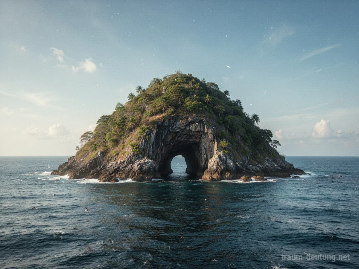 Eine einsame Insel mit einer Höhle, umgeben von Meer.