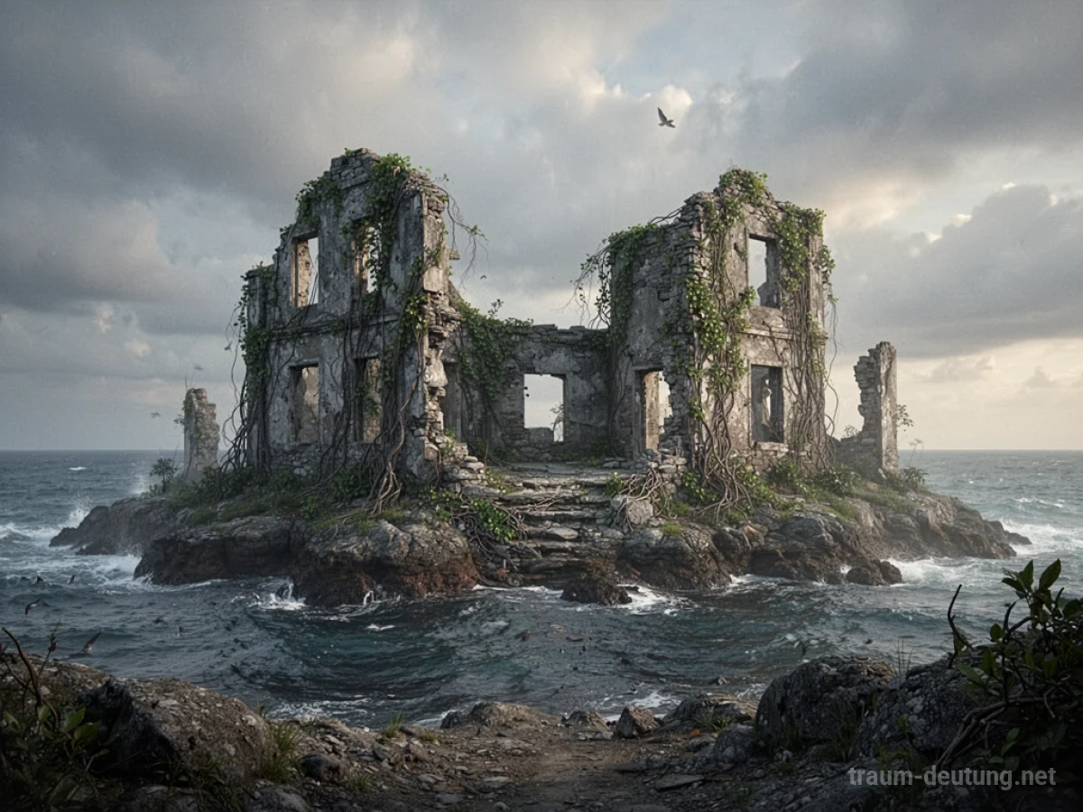 Insel mit alten, zerfallenen Ruinen auf einer felsigen Küste.