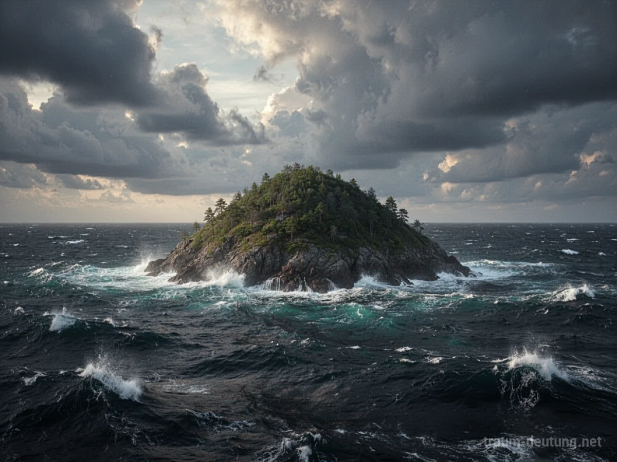 Eine Insel versinkt im aufgewühlten Meer unter dramatischem Himmel
