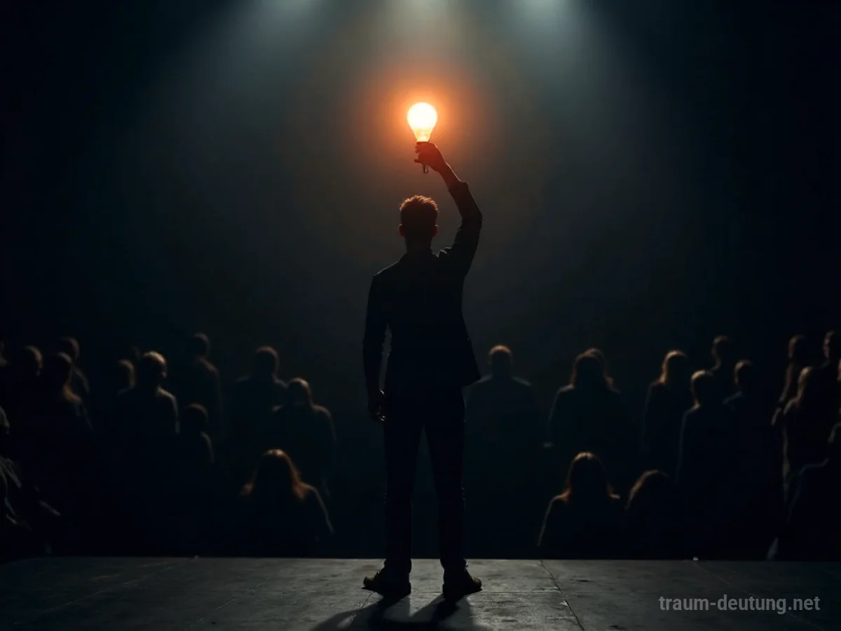 Silhouetten einer Person, die eine leuchtende Idee auf einer Bühne präsentiert.