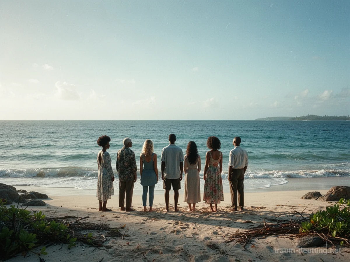 Menschen stehen auf einer einsamen Insel am Strand und blicken auf das Meer.