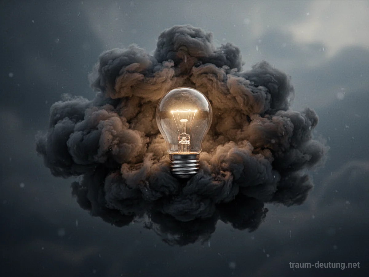 Eine einzelne Glühbirne leuchtet in einer dunklen Wolke auf.