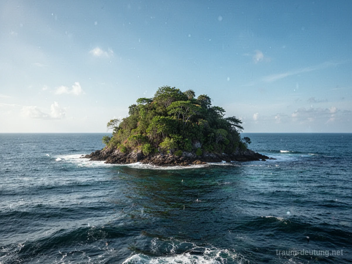 Eine einsame Insel schwebt auf ruhigem Meer unter blauem Himmel.
