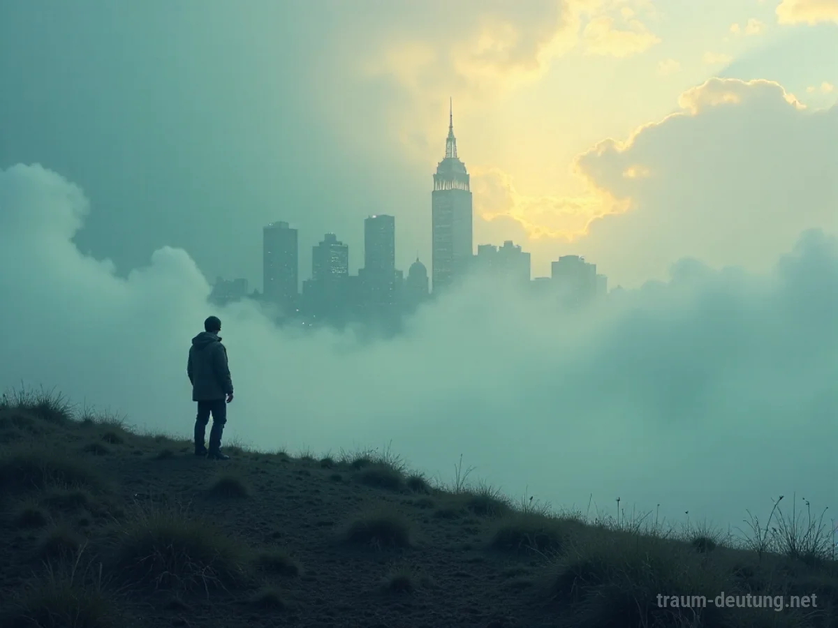 Eine Stadt, die im Nebel verschwindet, mit einer einzelnen Figur, die zusieht.