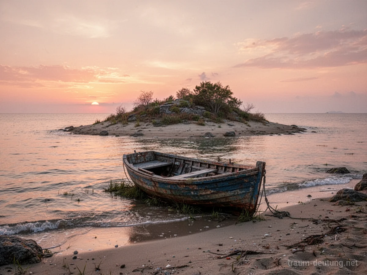 Eine einsame Insel mit einem kleinen Ruderboot am Ufer.