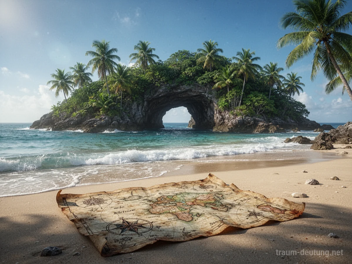 Tropische Insel mit einer Schatzkiste am Strand, umgeben von Palmen und türkisfarbenem Wasser.