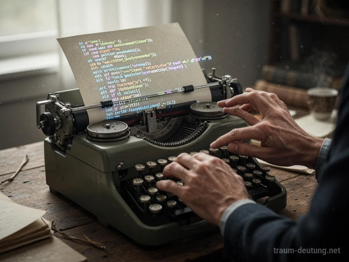 Hände tippen auf einer Schreibmaschine, Code erscheint auf dem Papier.
