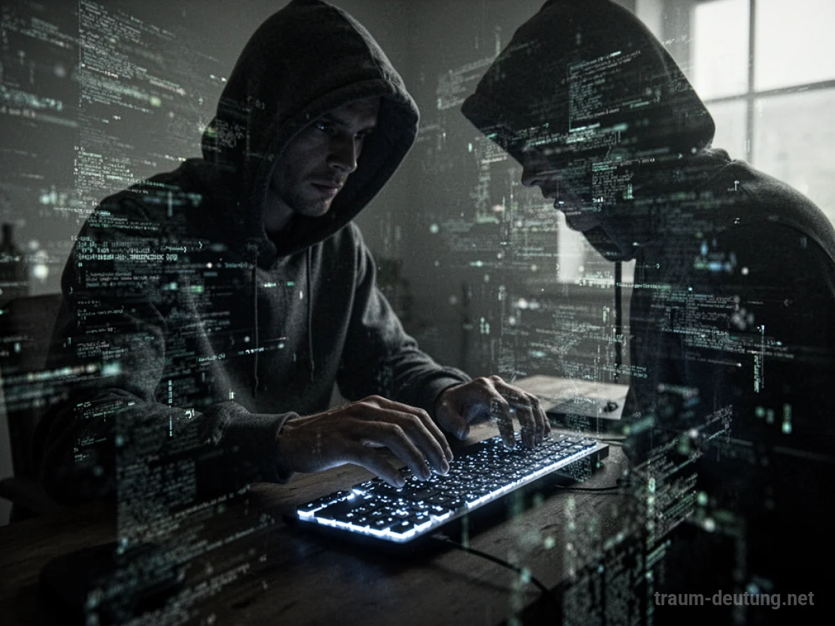 Schattenhafte Figur am Computer mit digitalen Datenströmen, die auf einen Cyberangriff hindeuten.
