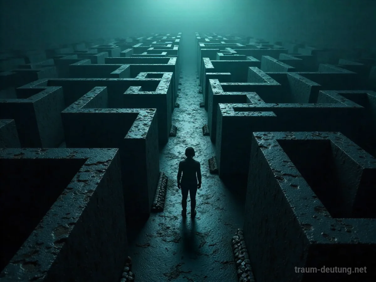 Person steht am Eingang eines dunklen Labyrinths mit vielen verschlungenen Wegen.