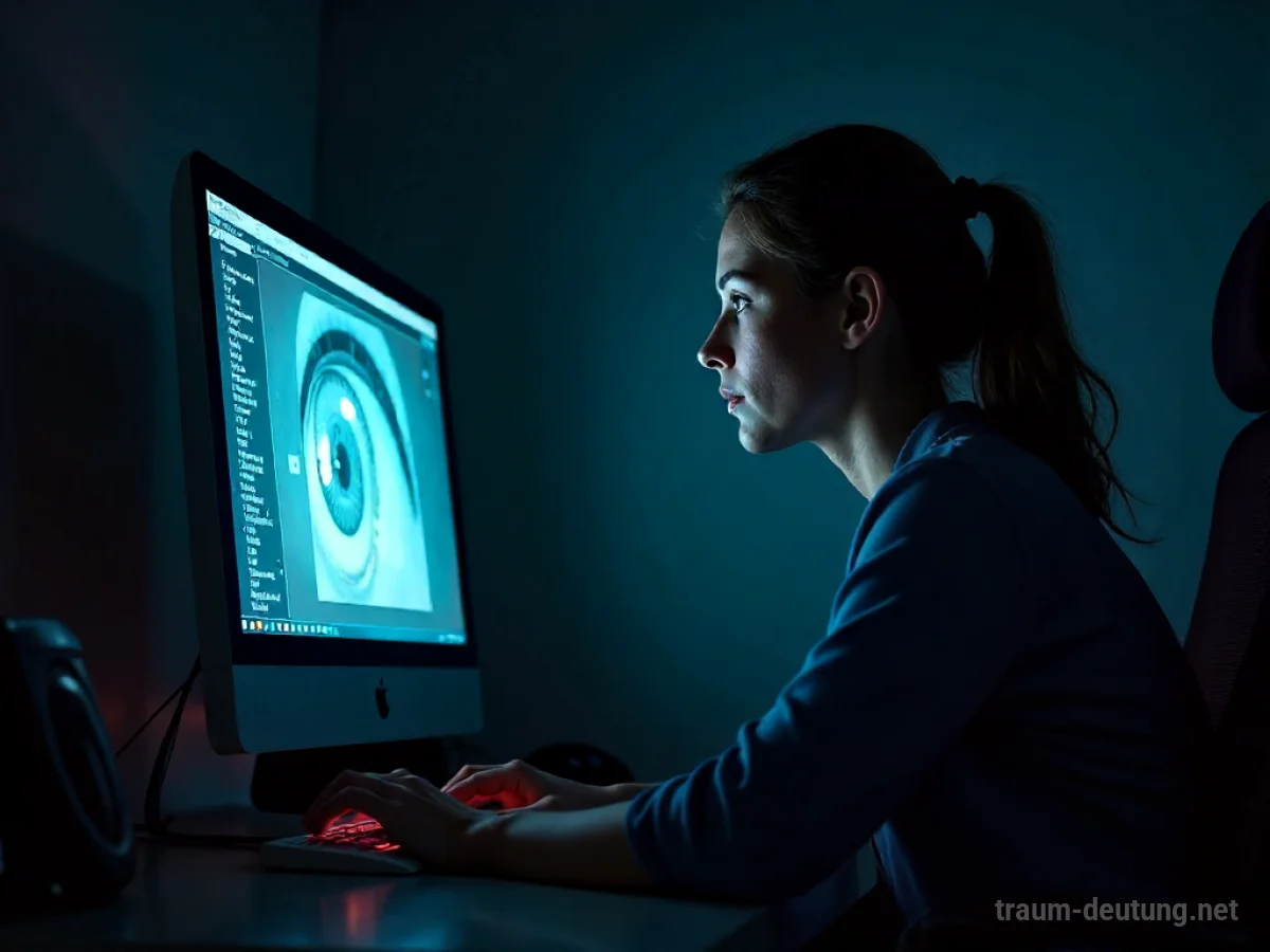 Person am Computer wird von digitalen Augen im Schatten beobachtet