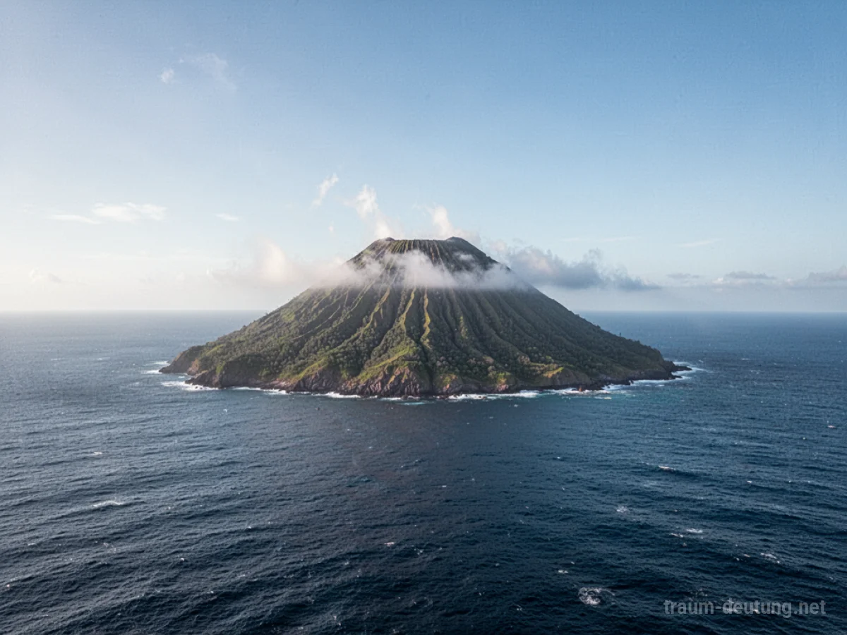 Eine einsame Vulkaninsel im Meer, mit leichtem Nebel am Gipfel.
