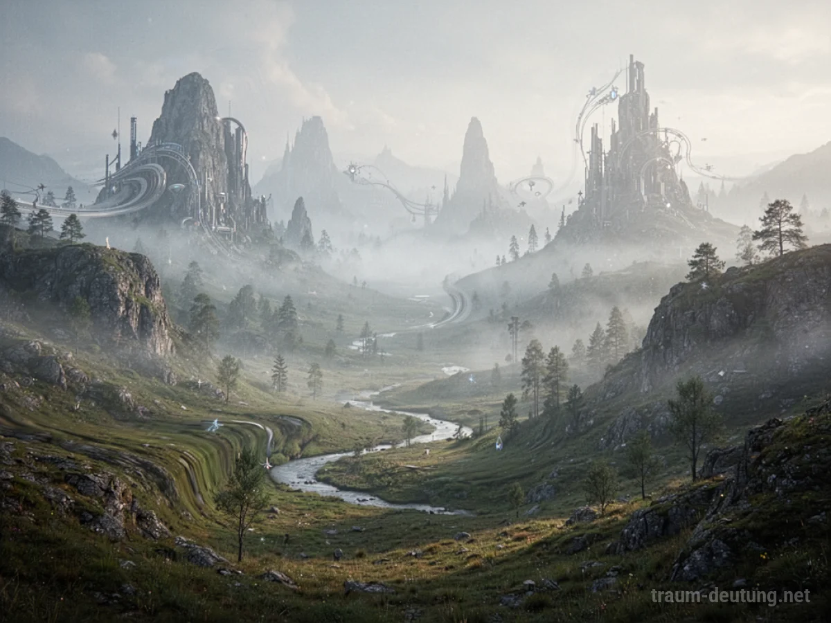 Surreale Landschaft mit sich auflösenden Elementen und Nebel, die eine Welt als Trugbild im Traum darstellt.