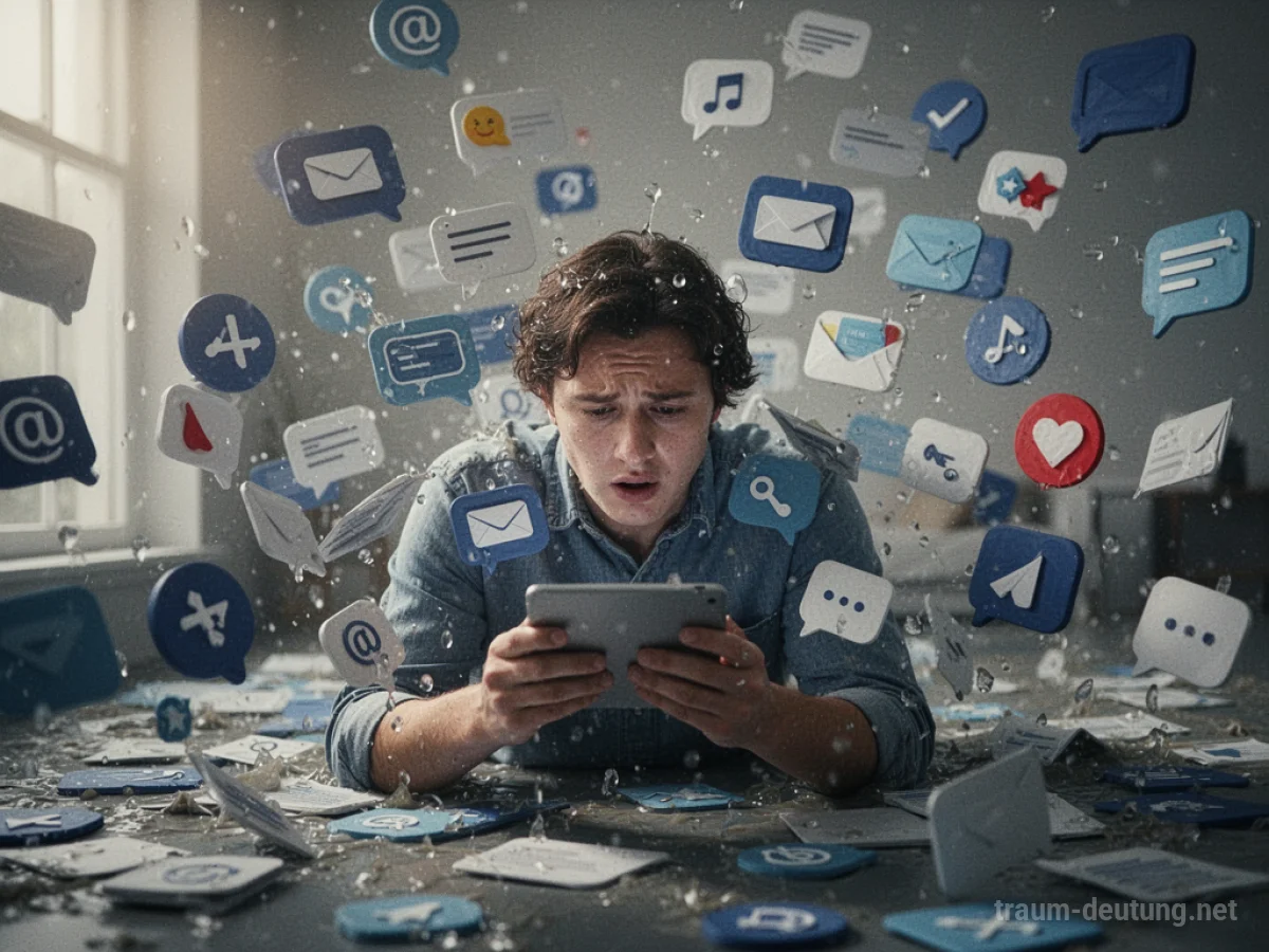 Eine Person wird von digitalen Nachrichten und Symbolen umgeben, die wie eine Flut wirken.