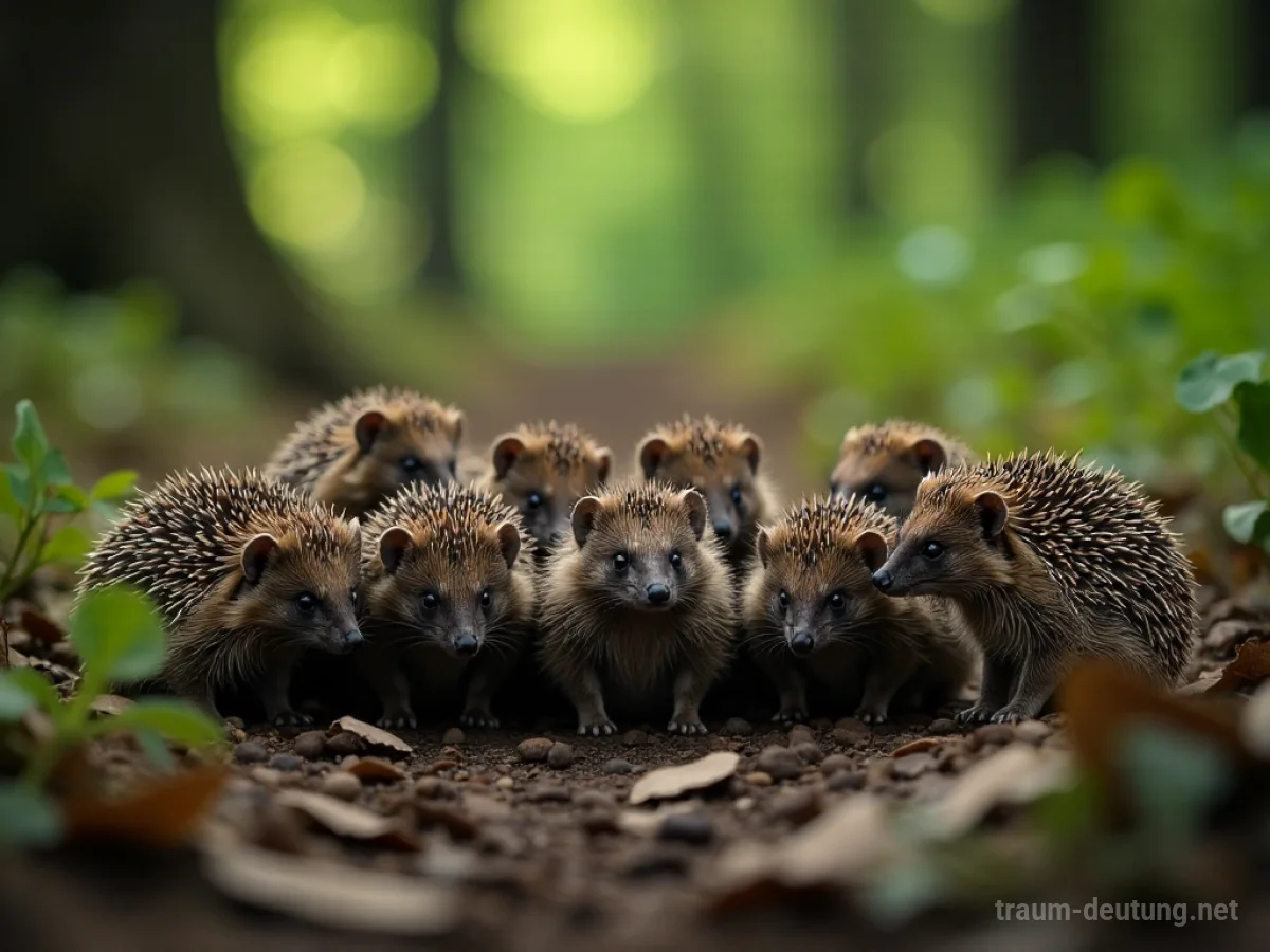Viele kleine Igel auf einem Waldboden versammelt.