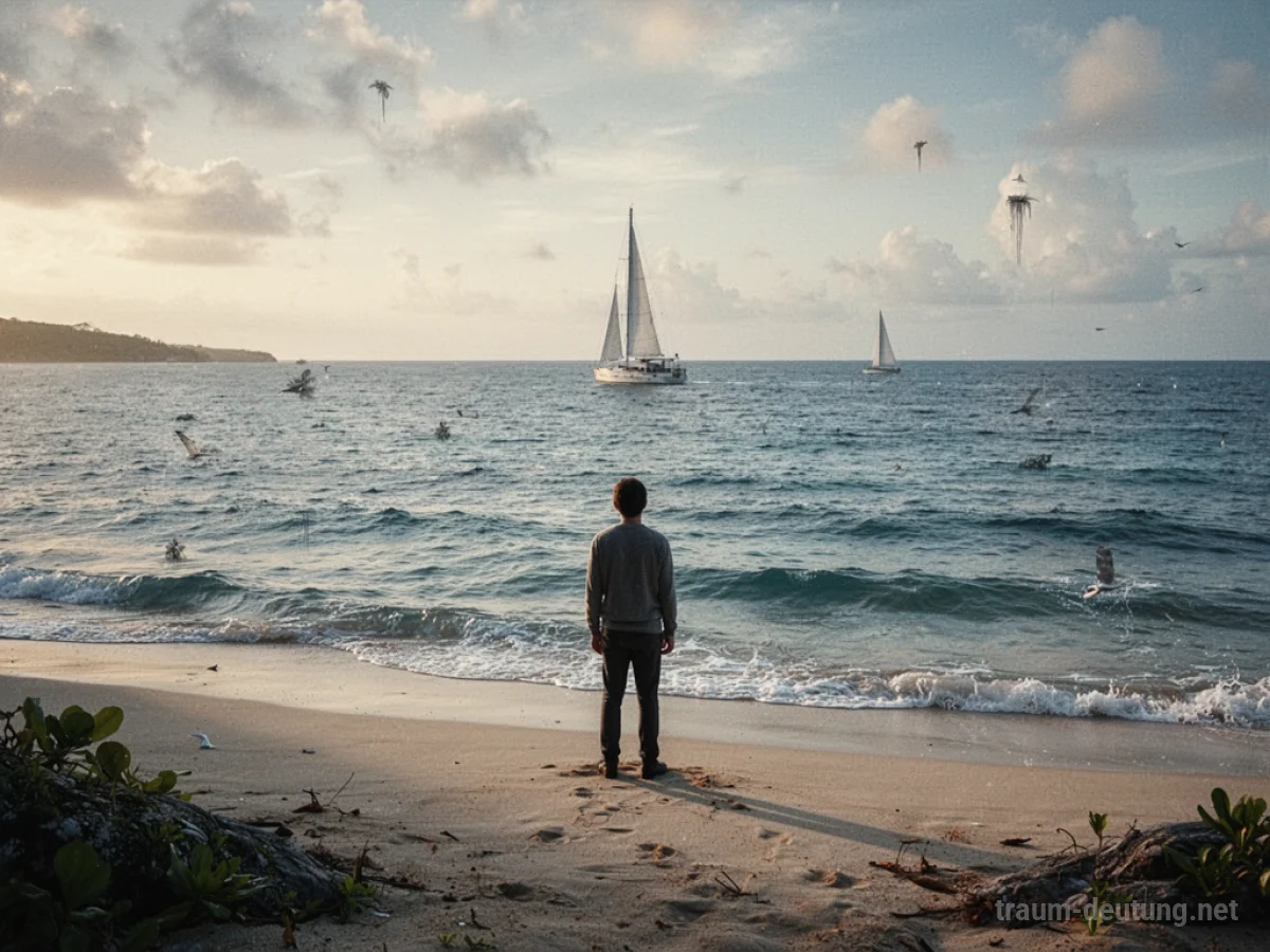 Eine Person steht am Strand einer einsamen Insel und blickt aufs Meer.