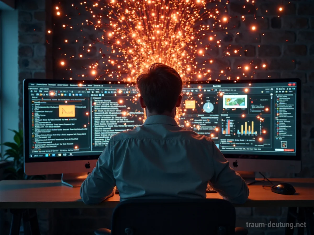 Eine Person sitzt vor einem Computer, von digitalen Informationen überwältigt.