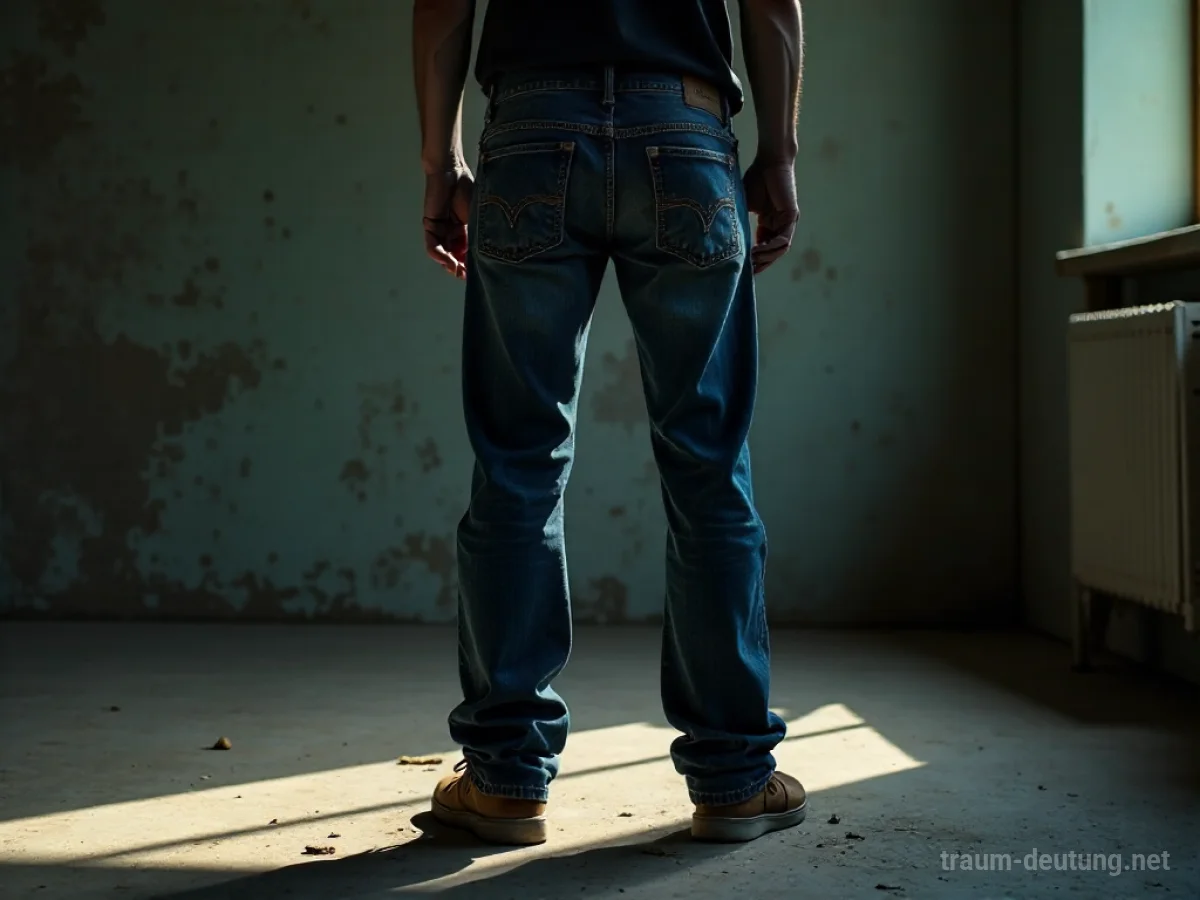 Person trägt abgetragene alte Jeans in einem schattigen Raum