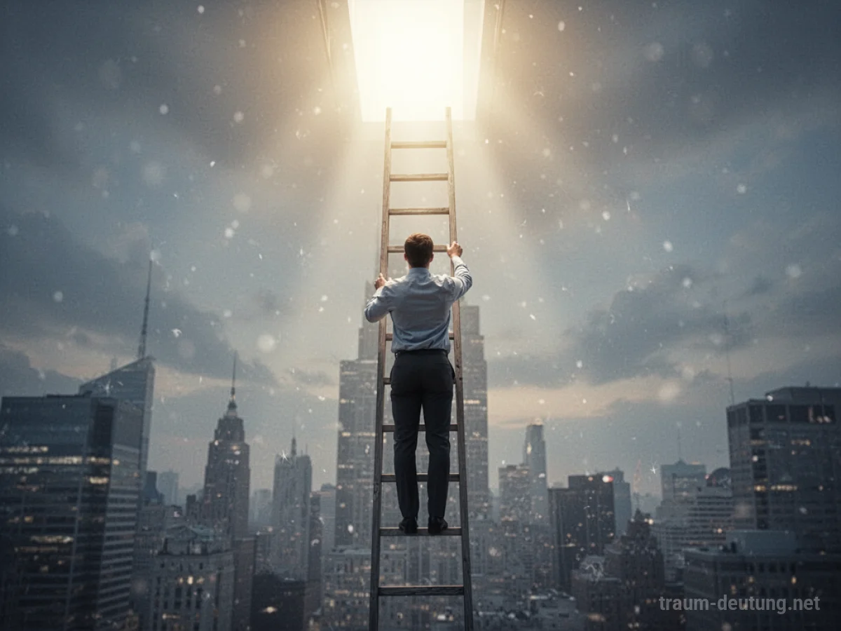 Eine Person steigt eine Leiter zu einem hellen Licht auf, das eine Beförderung symbolisiert.