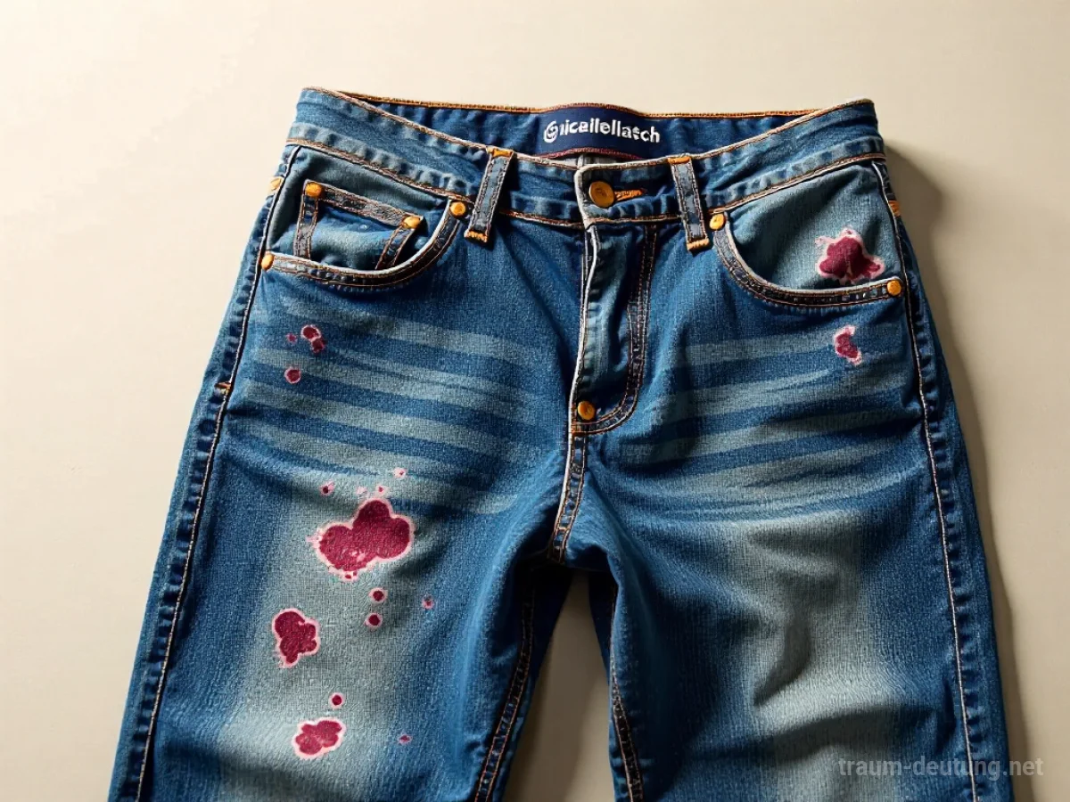 Jeans mit einem subtilen roten Fleckmuster auf neutralem Hintergrund.