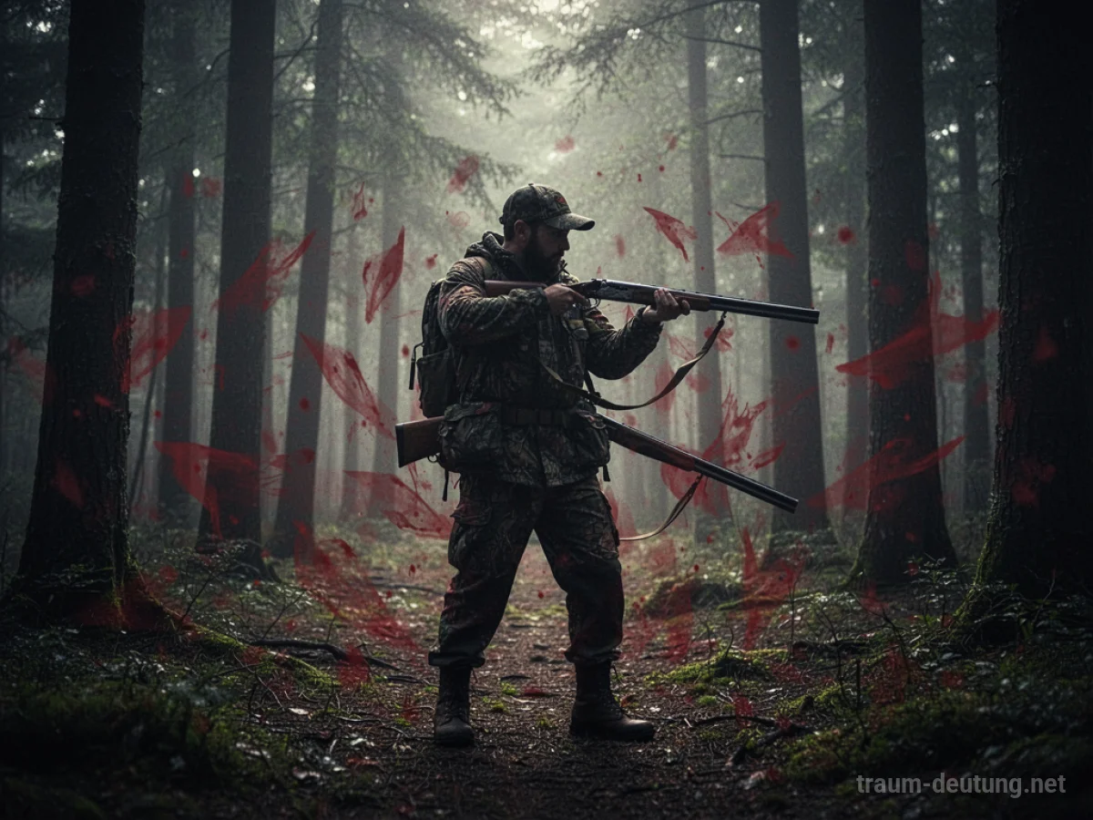 Silhouette einer Jagd im Wald mit roten Symbolen
