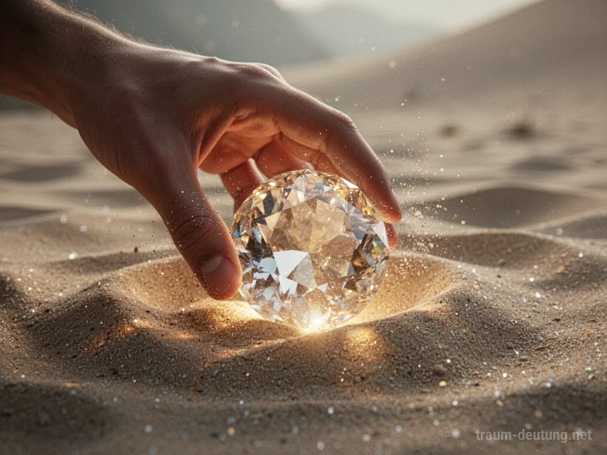 Hand findet ein leuchtendes, großes Juwel im Sand
