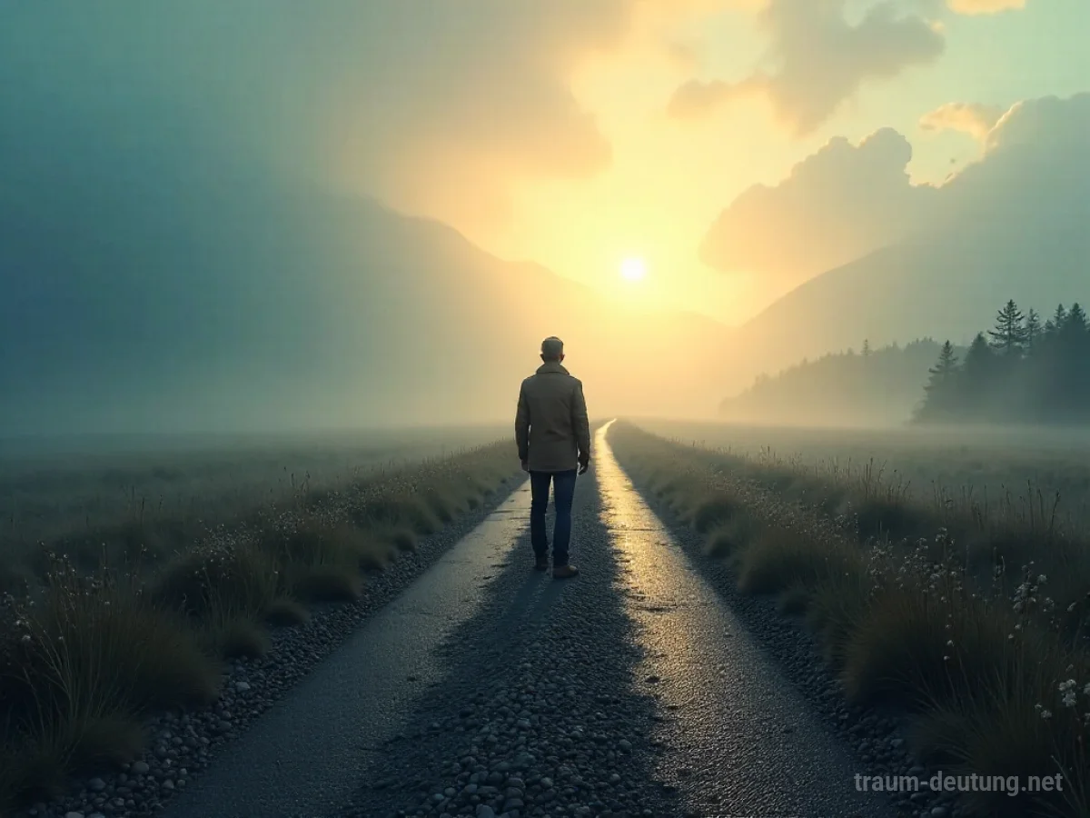 Kreuzung mit zwei Wegen, ein Weg führt in eine sich wiederholende Landschaft, der andere zu einem neuen Horizont.