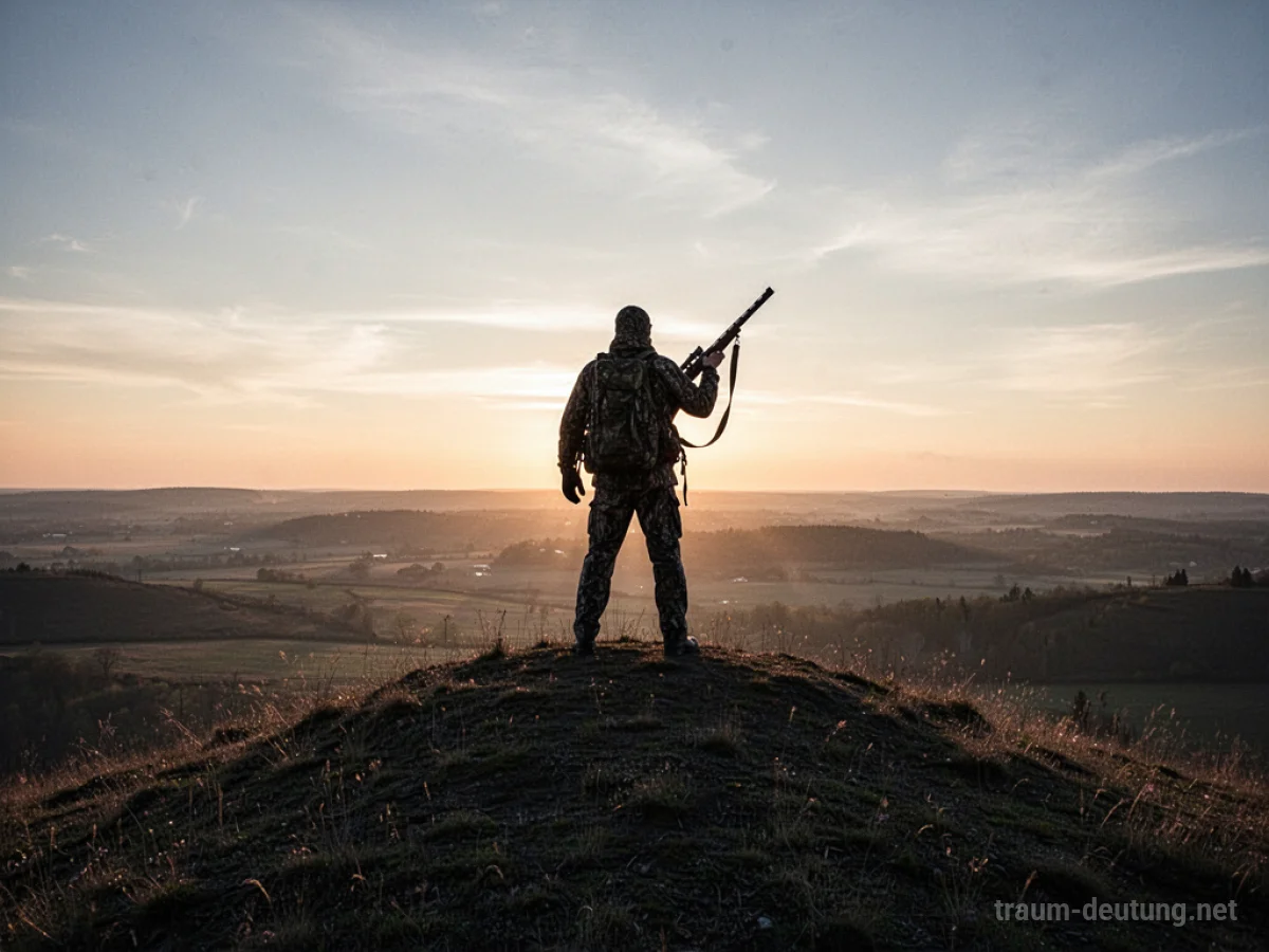 Silhouette eines erfolgreichen Jägers auf einem Hügel bei Sonnenaufgang
