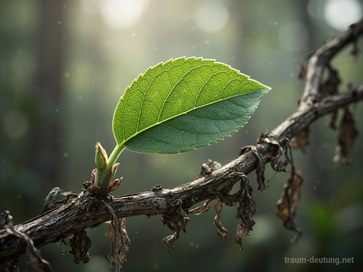 Grünes Blatt entfaltet sich aus totem Ast, Symbol für ewige Jugend.