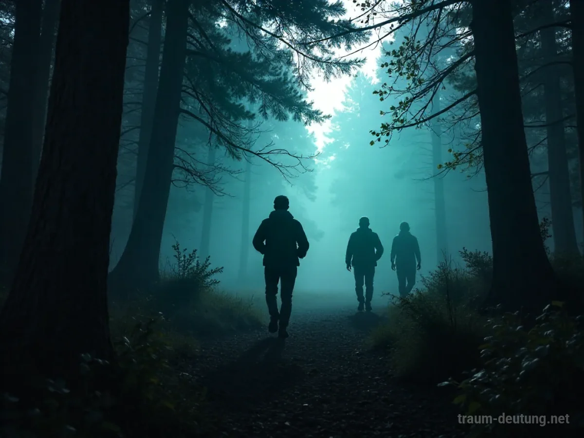 Silhouette einer Person, die durch einen dunklen Wald rennt, mit Jägern in der Ferne.
