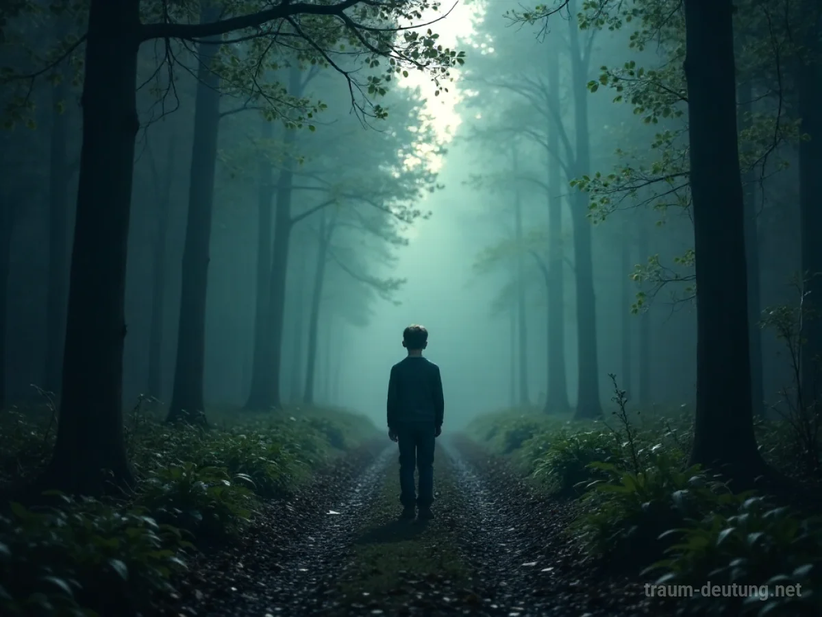Fremder Junge steht allein auf einem Waldweg, Blick zur Kamera.
