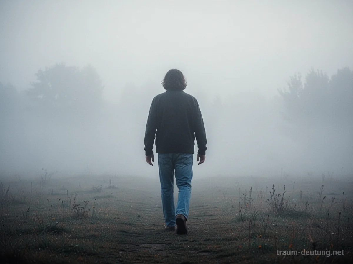 Silhouette einer Person in Jeans, die sich in eine neblige Landschaft entfernt.
