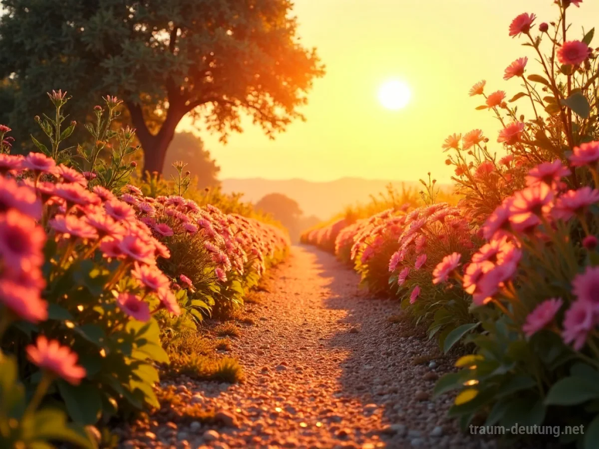 Sonniger Weg zu einem hellen Horizont mit blühenden Blumen
