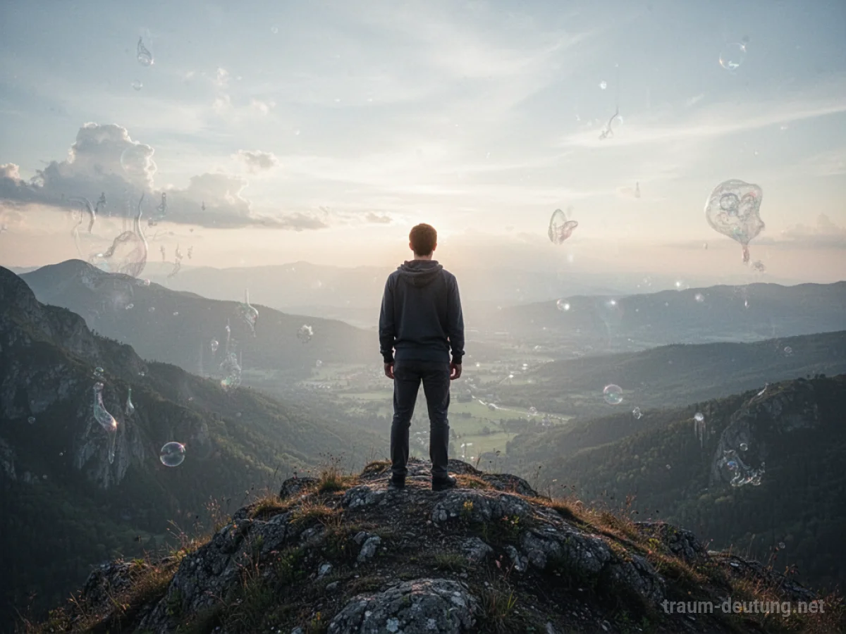 Eine Person steht auf einem Berg und blickt in eine leuchtende Landschaft.