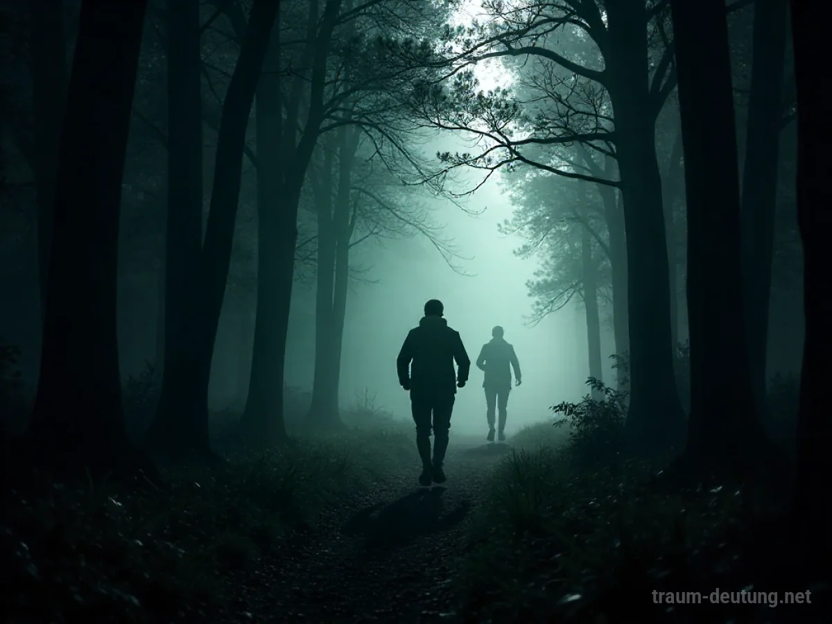 Silhouette einer Person, die durch einen dunklen Wald rennt, verfolgt von Schatten.