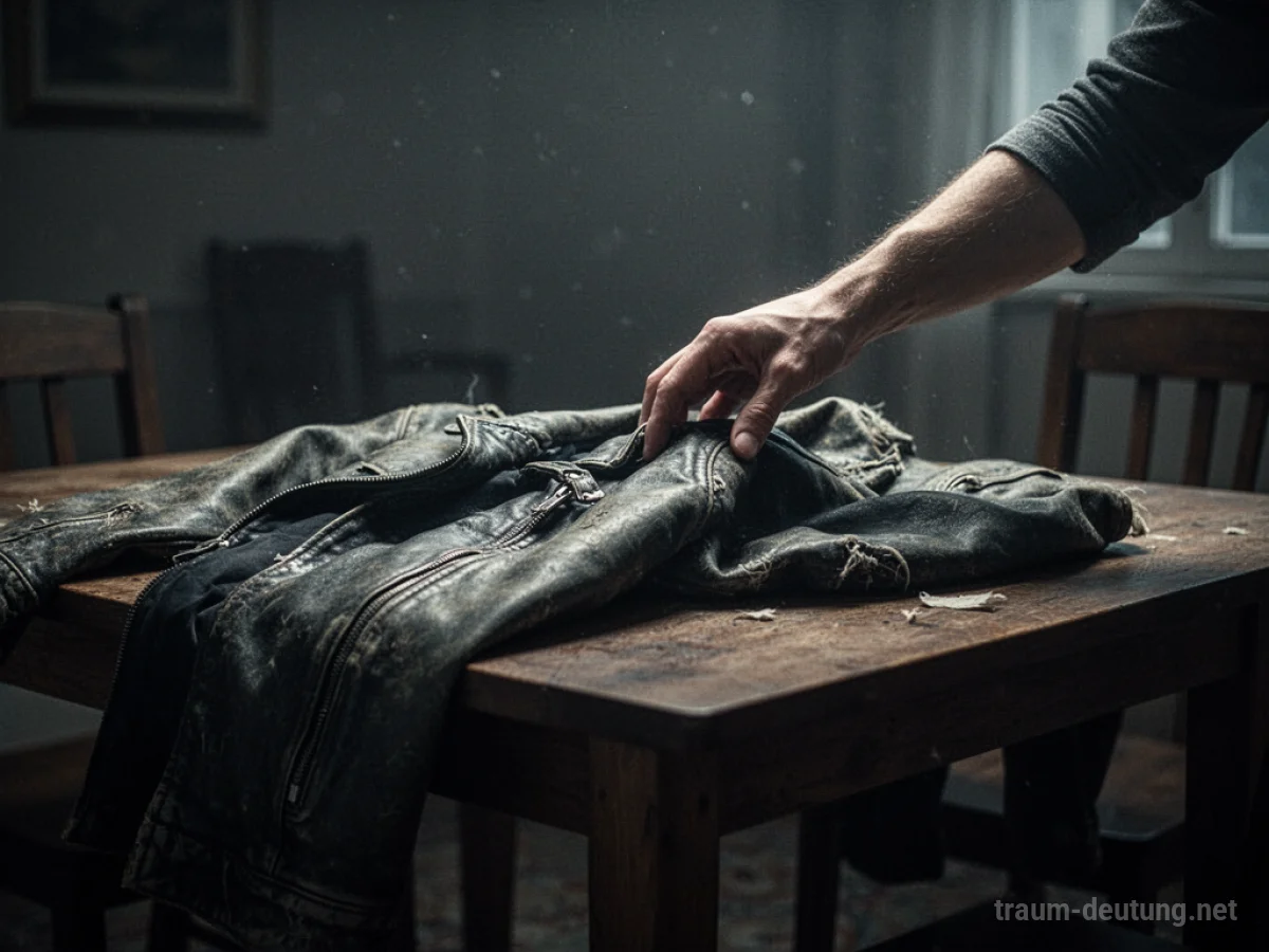 Eine Hand legt eine Jacke auf einen Tisch in einem schattigen Raum.