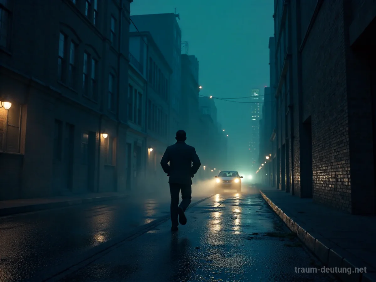 Eine einsame Figur rennt durch eine abstrakte Stadtlandschaft bei Nacht, Schatten verfolgen sie aus der Ferne.