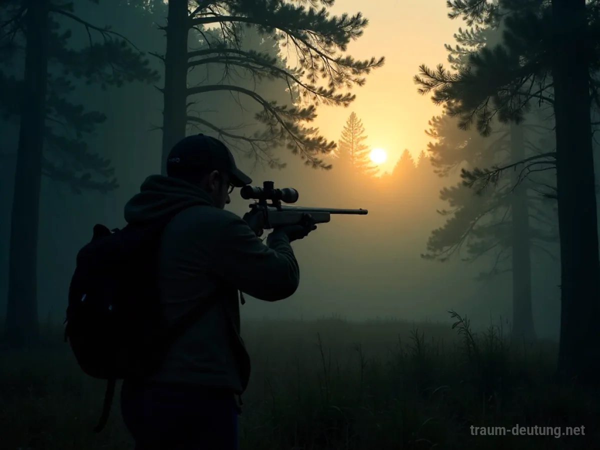Silhouette einer Person, die im Morgengrauen eine Jagdwaffe im nebligen Wald richtet.