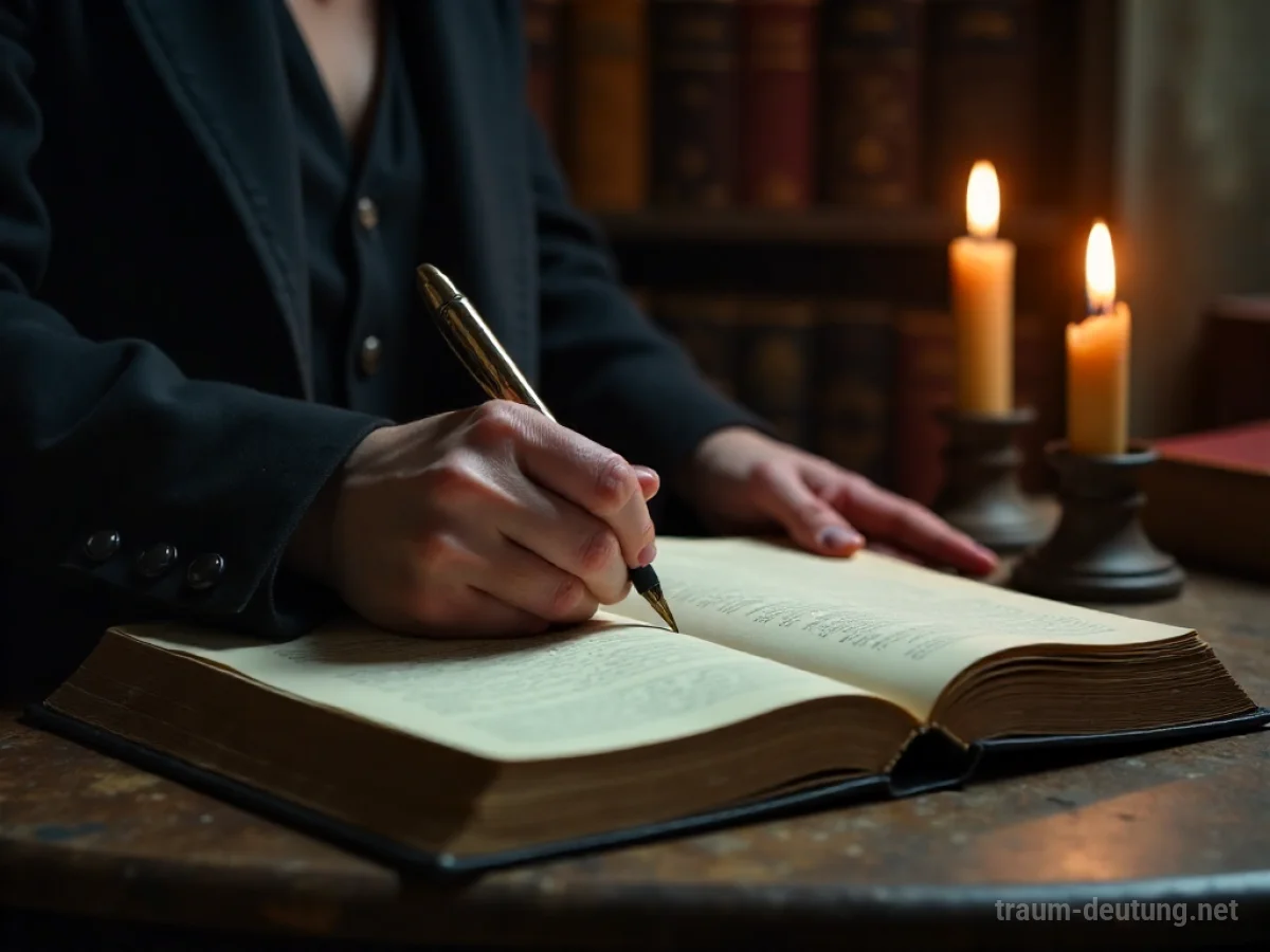Hand schreibt in ein großes Buch mit Federkiel im Kerzenlicht