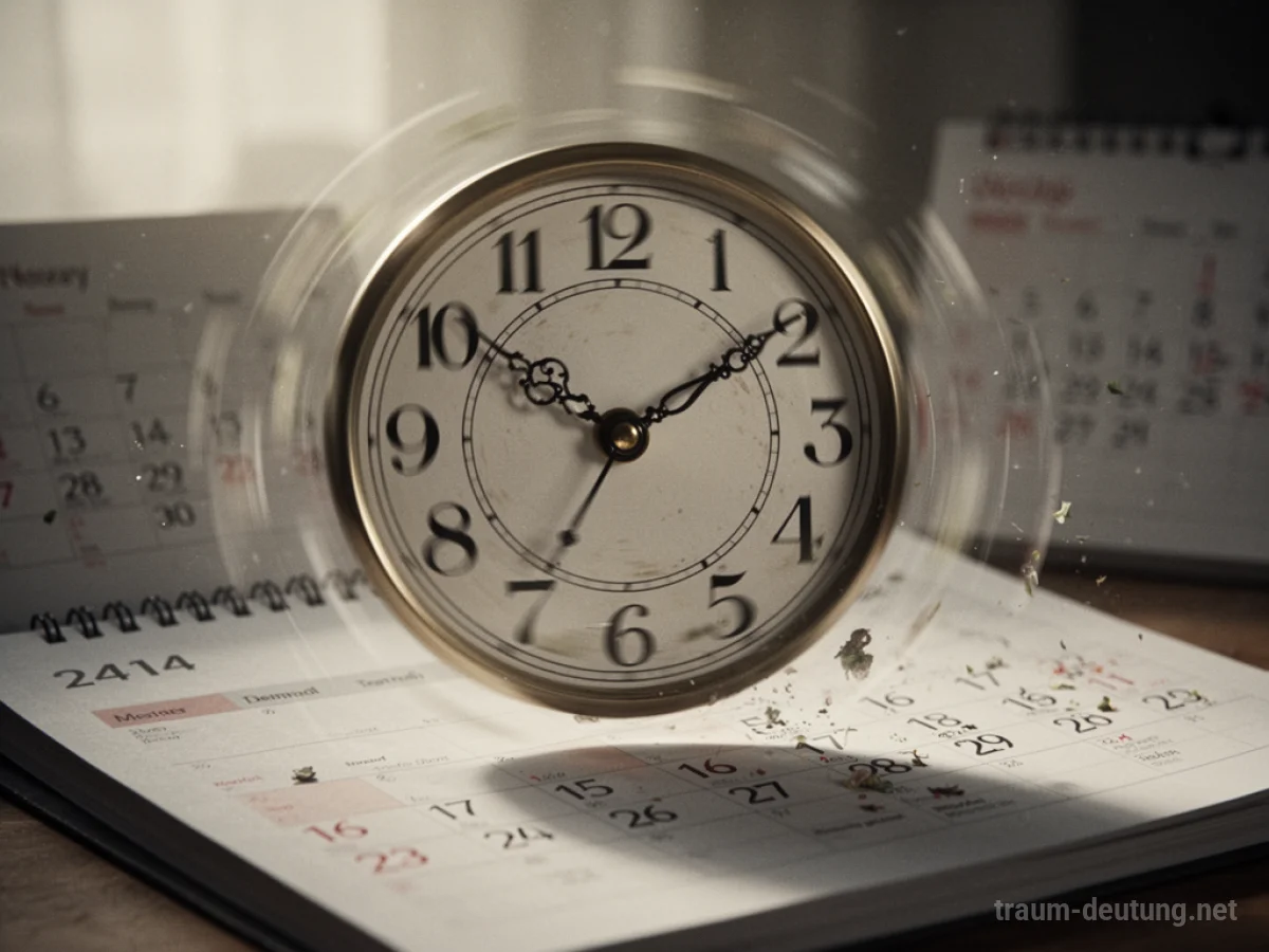 Ziffernblatt einer Uhr mit sich drehenden Zahlen, die in eine Kalenderseite übergehen.